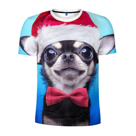 Мужская футболка 3D спортивная с принтом рождество в Белгороде, 100% полиэстер с улучшенными характеристиками | приталенный силуэт, круглая горловина, широкие плечи, сужается к линии бедра | dog | happy new year | бантик | взгляд | глаза | новый год | пинчер | праздник | санта клаус | собака | той терьер