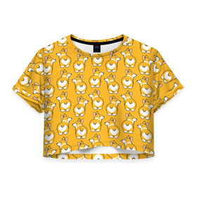 Женская футболка 3D укороченная с принтом Корги Паттерн в Белгороде, 100% полиэстер | круглая горловина, длина футболки до линии талии, рукава с отворотами | друг человека | мимими | оранжевый | пес | попка | собака