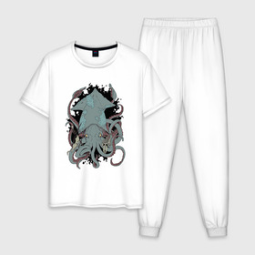 Мужская пижама хлопок с принтом Kraken в Белгороде, 100% хлопок | брюки и футболка прямого кроя, без карманов, на брюках мягкая резинка на поясе и по низу штанин
 | Тематика изображения на принте: kraken | octopus | кальмар | кракен | осьминог
