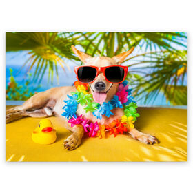 Поздравительная открытка с принтом пляж в Белгороде, 100% бумага | плотность бумаги 280 г/м2, матовая, на обратной стороне линовка и место для марки
 | Тематика изображения на принте: sea | гавайи | лето | море | океан | отдых | очки | пляж | собака | той терьер