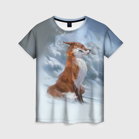 Женская футболка 3D с принтом Гордый лис в Белгороде, 100% полиэфир ( синтетическое хлопкоподобное полотно) | прямой крой, круглый вырез горловины, длина до линии бедер | белый | зима | лес | лис | лиса | мех | оранжевый | охотник | природа | снег | хитрый