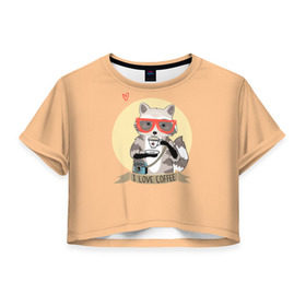 Женская футболка Cropp-top с принтом Енот и кофе в Белгороде, 100% полиэстер | круглая горловина, длина футболки до линии талии, рукава с отворотами | coffee | food | love | racoon | енот | кофе
