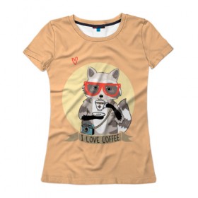 Женская футболка 3D с принтом Енот и кофе в Белгороде, 100% полиэфир ( синтетическое хлопкоподобное полотно) | прямой крой, круглый вырез горловины, длина до линии бедер | coffee | food | love | racoon | енот | кофе