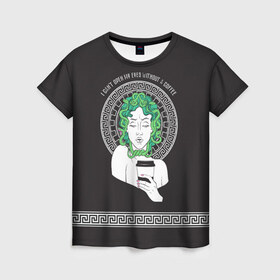 Женская футболка 3D с принтом Gorgon в Белгороде, 100% полиэфир ( синтетическое хлопкоподобное полотно) | прямой крой, круглый вырез горловины, длина до линии бедер | black magic | coffee | food | gorgon | love | magic | medusa | witchcraft | горгона | греция | кофе | магия | медуза
