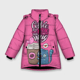 Зимняя куртка для девочек 3D с принтом Coffee is a hug в Белгороде, ткань верха — 100% полиэстер; подклад — 100% полиэстер, утеплитель — 100% полиэстер. | длина ниже бедра, удлиненная спинка, воротник стойка и отстегивающийся капюшон. Есть боковые карманы с листочкой на кнопках, утяжки по низу изделия и внутренний карман на молнии. 

Предусмотрены светоотражающий принт на спинке, радужный светоотражающий элемент на пуллере молнии и на резинке для утяжки. | cat | coffee | food | love | кот | птичка