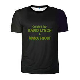 Мужская футболка 3D спортивная с принтом Created by Lynch & Frost в Белгороде, 100% полиэстер с улучшенными характеристиками | приталенный силуэт, круглая горловина, широкие плечи, сужается к линии бедра | Тематика изображения на принте: david lynch | mark frost | twin peaks | твин пикс