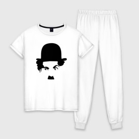 Женская пижама хлопок с принтом Чарли Чаплин в Белгороде, 100% хлопок | брюки и футболка прямого кроя, без карманов, на брюках мягкая резинка на поясе и по низу штанин | Тематика изображения на принте: глаза. котелок | знаменитость | известность | лицо | минимализм | портрет | чаплин | чарли