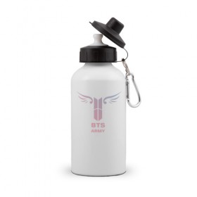 Бутылка спортивная с принтом BTS Army в Белгороде, металл | емкость — 500 мл, в комплекте две пластиковые крышки и карабин для крепления | k pop | аниме | корея | музыка