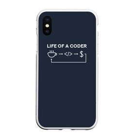 Чехол для iPhone XS Max матовый с принтом Life of a coder в Белгороде, Силикон | Область печати: задняя сторона чехла, без боковых панелей | Тематика изображения на принте: coder | деньги | доллары | жизнь | код | кофе | программист | тыжпрограммист | цикл | язык