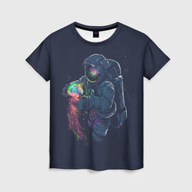 Женская футболка 3D с принтом Космическая Медуза в Белгороде, 100% полиэфир ( синтетическое хлопкоподобное полотно) | прямой крой, круглый вырез горловины, длина до линии бедер | earth | space | spaceman | земля | космонавт | космос | скафандр
