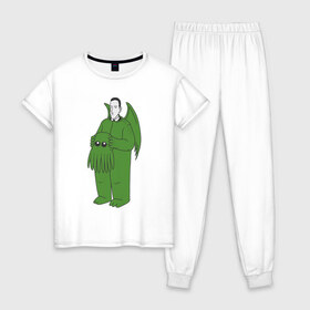 Женская пижама хлопок с принтом Лавкрафт в Белгороде, 100% хлопок | брюки и футболка прямого кроя, без карманов, на брюках мягкая резинка на поясе и по низу штанин | cthulhu | cthulhu fhtagn | lovecraft | ктулху | лавкрафт