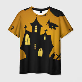 Мужская футболка 3D с принтом Страшный домик в Белгороде, 100% полиэфир | прямой крой, круглый вырез горловины, длина до линии бедер | halloween | ведьма | замок | кладбище | кресты | луна | могилы | мышь | надгробья | ночь | призрак | страшно | хэллоуин
