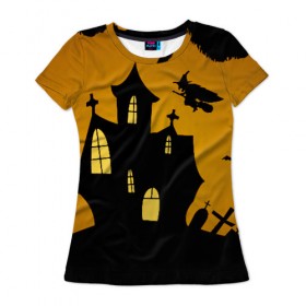 Женская футболка 3D с принтом Страшный домик в Белгороде, 100% полиэфир ( синтетическое хлопкоподобное полотно) | прямой крой, круглый вырез горловины, длина до линии бедер | halloween | ведьма | замок | кладбище | кресты | луна | могилы | мышь | надгробья | ночь | призрак | страшно | хэллоуин