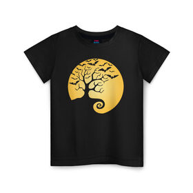 Детская футболка хлопок с принтом Дерево на фоне луны в Белгороде, 100% хлопок | круглый вырез горловины, полуприлегающий силуэт, длина до линии бедер | Тематика изображения на принте: halloween | дерево | луна | мыши | ночь | страшно | хэллоуин