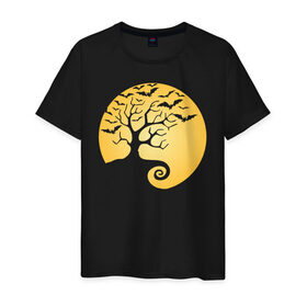Мужская футболка хлопок с принтом Дерево на фоне луны в Белгороде, 100% хлопок | прямой крой, круглый вырез горловины, длина до линии бедер, слегка спущенное плечо. | halloween | дерево | луна | мыши | ночь | страшно | хэллоуин