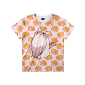 Детская футболка 3D с принтом Блины в Белгороде, 100% гипоаллергенный полиэфир | прямой крой, круглый вырез горловины, длина до линии бедер, чуть спущенное плечо, ткань немного тянется | Тематика изображения на принте: cat | fat | internet | meme | pancakes | блины | интернет | кот | лупс | мем
