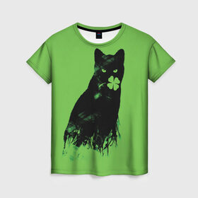 Женская футболка 3D с принтом Кот и Клевер в Белгороде, 100% полиэфир ( синтетическое хлопкоподобное полотно) | прямой крой, круглый вырез горловины, длина до линии бедер | cat | clover | ireland | patric saint day | день святого патрика | ирландия | клевер | кот | кошка | черная кошка