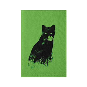 Обложка для паспорта матовая кожа с принтом Кот и Клевер в Белгороде, натуральная матовая кожа | размер 19,3 х 13,7 см; прозрачные пластиковые крепления | Тематика изображения на принте: cat | clover | ireland | patric saint day | день святого патрика | ирландия | клевер | кот | кошка | черная кошка