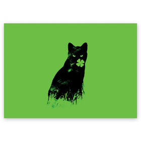 Поздравительная открытка с принтом Кот и Клевер в Белгороде, 100% бумага | плотность бумаги 280 г/м2, матовая, на обратной стороне линовка и место для марки
 | cat | clover | ireland | patric saint day | день святого патрика | ирландия | клевер | кот | кошка | черная кошка