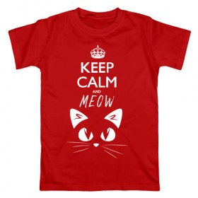 Мужская футболка хлопок с принтом Keep calm and meow в Белгороде, 100% хлопок | прямой крой, круглый вырез горловины, длина до линии бедер, слегка спущенное плечо. | cat | keep calm | meow | кот