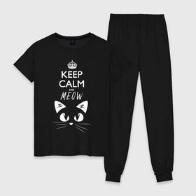 Женская пижама хлопок с принтом Keep calm and meow в Белгороде, 100% хлопок | брюки и футболка прямого кроя, без карманов, на брюках мягкая резинка на поясе и по низу штанин | cat | keep calm | meow | кот