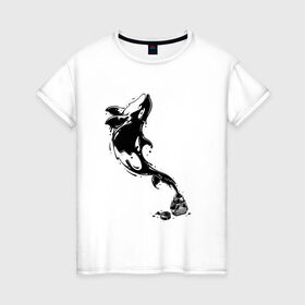 Женская футболка хлопок с принтом Чернильный дельфин в Белгороде, 100% хлопок | прямой крой, круглый вырез горловины, длина до линии бедер, слегка спущенное плечо | блики | брызги | дельфин. животное. клякса | касатка | минимализм | пятно | чернила