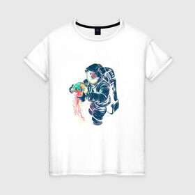 Женская футболка хлопок с принтом Космическая медуза в Белгороде, 100% хлопок | прямой крой, круглый вырез горловины, длина до линии бедер, слегка спущенное плечо | астронавт | космонавт | космос | краски | медуза | невесомость | свет. отражение. тело | скафандр | фантастика | цвета | чудеса