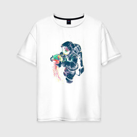 Женская футболка хлопок Oversize с принтом Космическая медуза в Белгороде, 100% хлопок | свободный крой, круглый ворот, спущенный рукав, длина до линии бедер
 | астронавт | космонавт | космос | краски | медуза | невесомость | свет. отражение. тело | скафандр | фантастика | цвета | чудеса