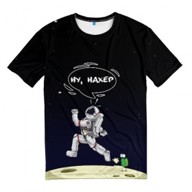 Мужская футболка 3D с принтом Встреча в космосе в Белгороде, 100% полиэфир | прямой крой, круглый вырез горловины, длина до линии бедер | инопланетянин | космонавт | космос | луна | прикол