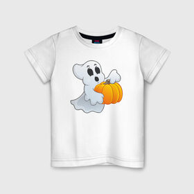 Детская футболка хлопок с принтом Привидение с тыквой в Белгороде, 100% хлопок | круглый вырез горловины, полуприлегающий силуэт, длина до линии бедер | halloween | тыква | хэллоуин