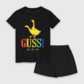 Женская пижама с шортиками хлопок с принтом Гуси в Белгороде, 100% хлопок | футболка прямого кроя, шорты свободные с широкой мягкой резинкой | anti | bird | geese | go | gussi | home | snake | анти | брэнд | верховный | высший | гуси | гуччи | домашняя | знак | идут | картинка | крутой | логотип | лучший | мода | молодёжная | популярная | прикол | птица | рисунок