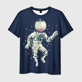Мужская футболка 3D с принтом Космонавт и конфеты в Белгороде, 100% полиэфир | прямой крой, круглый вырез горловины, длина до линии бедер | бесконечность | верховный | вселенная | звёзды | идёт | космонавт | космос | круто | лучший | магнитофон | мода | молодёжная | музыка | на плече | небо | несёт | поп арт | радуга | рисун | сказка