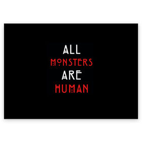 Поздравительная открытка с принтом All Monsters Are Human в Белгороде, 100% бумага | плотность бумаги 280 г/м2, матовая, на обратной стороне линовка и место для марки
 | Тематика изображения на принте: all | american | are | horror | humans | monstars | series | story | американская | все | история | люди | монстры | сериал | сериалы | ужасов | ужасы