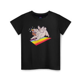 Детская футболка хлопок с принтом Мопс в Белгороде, 100% хлопок | круглый вырез горловины, полуприлегающий силуэт, длина до линии бедер | Тематика изображения на принте: pug | pugs | единорог | женская | женские | мопс | мопс единорог | мопсы | радуга | с мопсом