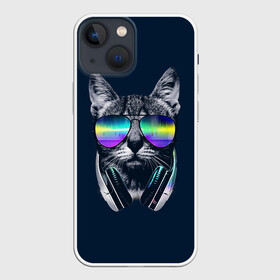 Чехол для iPhone 13 mini с принтом Кот в Наушниках в Белгороде,  |  | cat | cats | head | headphones | kitten | kitty | music | диджей | кот | котенок | коты | котята | кошка | кошки | музыка | наушники | очки | слушает | усы