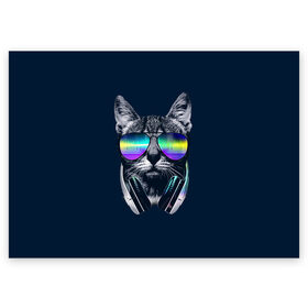 Поздравительная открытка с принтом Кот в Наушниках в Белгороде, 100% бумага | плотность бумаги 280 г/м2, матовая, на обратной стороне линовка и место для марки
 | cat | cats | head | headphones | kitten | kitty | music | диджей | кот | котенок | коты | котята | кошка | кошки | музыка | наушники | очки | слушает | усы