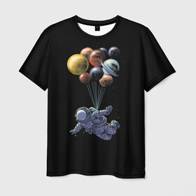 Мужская футболка 3D с принтом Космонавт на Шариках в Белгороде, 100% полиэфир | прямой крой, круглый вырез горловины, длина до линии бедер | galaxy | planet | planets | space | spaceman | star | stars | галактика | галактики | звезда | звезды | космонавт | космос | планета | планеты | шары