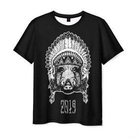 Мужская футболка 3D с принтом Кабан 2019 в Белгороде, 100% полиэфир | прямой крой, круглый вырез горловины, длина до линии бедер | верховный | вождь | год | голова | дикий | животные | индеец | ирокез | к | кабан | клыки | круто | лидер | лучший | мода | молодёжная | новый год | подарок | поздравление | поросенок | праздник | рисунок