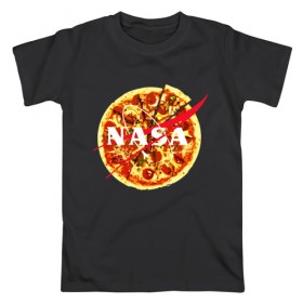 Мужская футболка хлопок с принтом NASA Pizza в Белгороде, 100% хлопок | прямой крой, круглый вырез горловины, длина до линии бедер, слегка спущенное плечо. | 