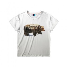 Детская футболка 3D с принтом Лесной Медведь в Белгороде, 100% гипоаллергенный полиэфир | прямой крой, круглый вырез горловины, длина до линии бедер, чуть спущенное плечо, ткань немного тянется | bear | bears | forest | snow | tree | trees | winter | гора | горы | деревья | зима | лес | лесной | медведи | медведь | мишка | мишки | снег