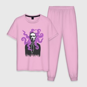 Мужская пижама хлопок с принтом Лавкрафт в Белгороде, 100% хлопок | брюки и футболка прямого кроя, без карманов, на брюках мягкая резинка на поясе и по низу штанин
 | cthulhu | cthulhu fhtagn | lovecraft | ктулху