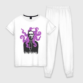 Женская пижама хлопок с принтом Лавкрафт в Белгороде, 100% хлопок | брюки и футболка прямого кроя, без карманов, на брюках мягкая резинка на поясе и по низу штанин | cthulhu | cthulhu fhtagn | lovecraft | ктулху