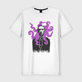 Мужская футболка хлопок Slim с принтом Лавкрафт в Белгороде, 92% хлопок, 8% лайкра | приталенный силуэт, круглый вырез ворота, длина до линии бедра, короткий рукав | cthulhu | cthulhu fhtagn | lovecraft | ктулху