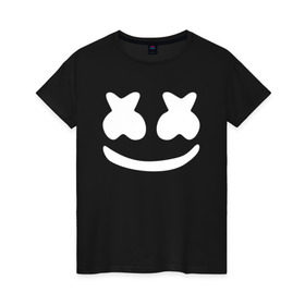 Женская футболка хлопок с принтом Marshmello в Белгороде, 100% хлопок | прямой крой, круглый вырез горловины, длина до линии бедер, слегка спущенное плечо | dj | marshmello | marshmelo | диджей | клубная | клубняк | логотип | маршмелло | маршмеллоу | маршмело | маршмэллоу | музыка | смайлик | улыбка | электронная