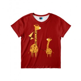 Детская футболка 3D с принтом Жираф и Жирафик в Белгороде, 100% гипоаллергенный полиэфир | прямой крой, круглый вырез горловины, длина до линии бедер, чуть спущенное плечо, ткань немного тянется | Тематика изображения на принте: animal | desert | giraffe | long | pattern | skin | tall | высокий | длинная | животное | животные | жираф | жирафы | змей | летучий | пустыня | узор | шея