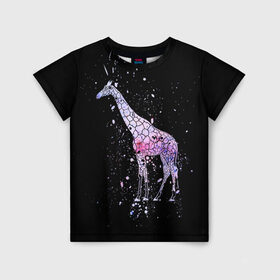Детская футболка 3D с принтом Звездный Жираф в Белгороде, 100% гипоаллергенный полиэфир | прямой крой, круглый вырез горловины, длина до линии бедер, чуть спущенное плечо, ткань немного тянется | animal | desert | giraffe | long | pattern | skin | space | stars | tall | высокий | длинная | животное | животные | жираф | жирафы | звезды | космос | пустыня | узор | шея