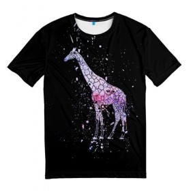 Мужская футболка 3D с принтом Звездный Жираф в Белгороде, 100% полиэфир | прямой крой, круглый вырез горловины, длина до линии бедер | Тематика изображения на принте: animal | desert | giraffe | long | pattern | skin | space | stars | tall | высокий | длинная | животное | животные | жираф | жирафы | звезды | космос | пустыня | узор | шея