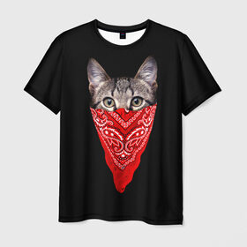 Мужская футболка 3D с принтом Gangsta Cat в Белгороде, 100% полиэфир | прямой крой, круглый вырез горловины, длина до линии бедер | Тематика изображения на принте: cat | cats | gangsta | kitten | kitty | pussy | гангстер | кот | котенок | котик | котики | коты | котята | кошка | кошки | платок