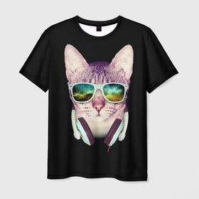 Мужская футболка 3D с принтом Кот в Наушниках в Белгороде, 100% полиэфир | прямой крой, круглый вырез горловины, длина до линии бедер | Тематика изображения на принте: cat | cats | kitten | kitty | pussy | диджей | кот | котенок | котик | котики | коты | котята | кошка | кошки | наушники | очки