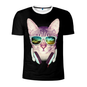 Мужская футболка 3D спортивная с принтом Кот в Наушниках в Белгороде, 100% полиэстер с улучшенными характеристиками | приталенный силуэт, круглая горловина, широкие плечи, сужается к линии бедра | Тематика изображения на принте: cat | cats | kitten | kitty | pussy | диджей | кот | котенок | котик | котики | коты | котята | кошка | кошки | наушники | очки
